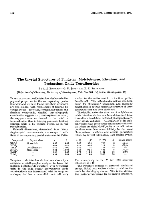 The crystal structures of tungsten, molybdenum, rhenium and technetium oxide tetrafluorides