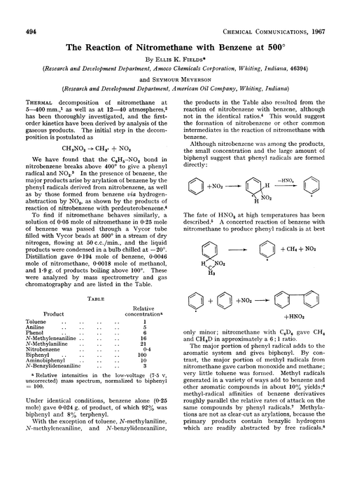 The reaction of nitromethane with benzene at 500°