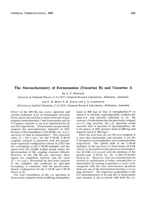 The stereochemistry of formosanine (uncarine B) and uncarine A