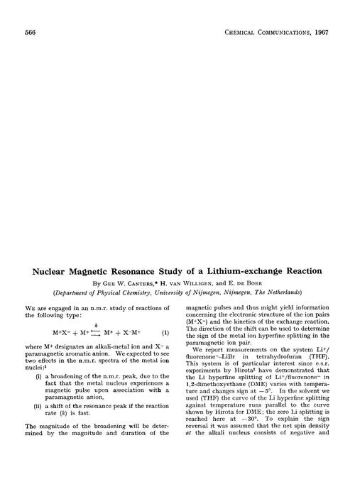 Nuclear magnetic resonance study of a lithium-exchange reaction