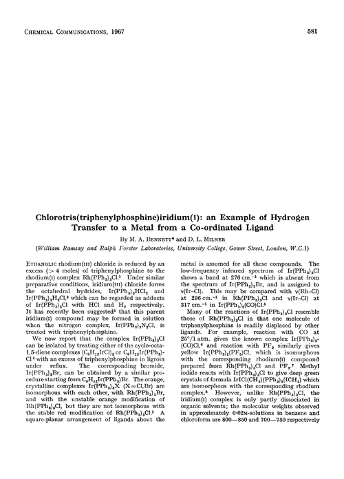 Chlorotris(triphenylphosphine)iridium(I): an example of hydrogen transfer to a metal from a co-ordinated ligand