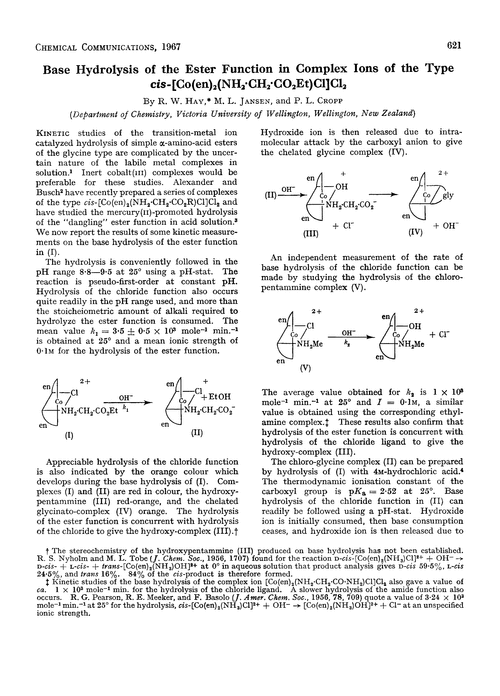 Base hydrolysis of the ester function in complex ions of the type cis-[Co(en)2(NH2·CH2·CO2Et)Cl]Cl2