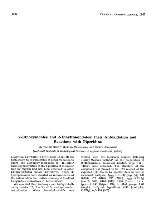 2-Ethoxyindoles and 2-ethylthioindoles: their autoxidation and reactions with piperidine