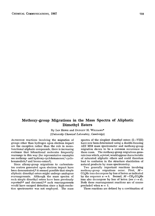 Methoxy-group migrations in the mass spectra of aliphatic dimethyl esters
