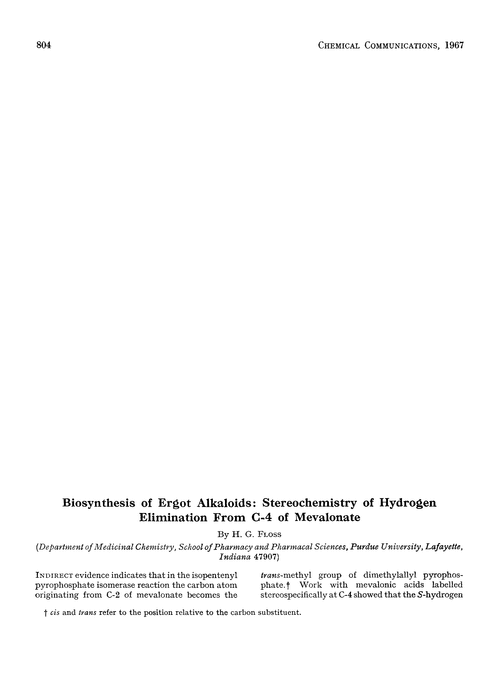 Biosynthesis of ergot alkaloids: stereochemistry of hydrogen elimination from C-4 of mevalonate