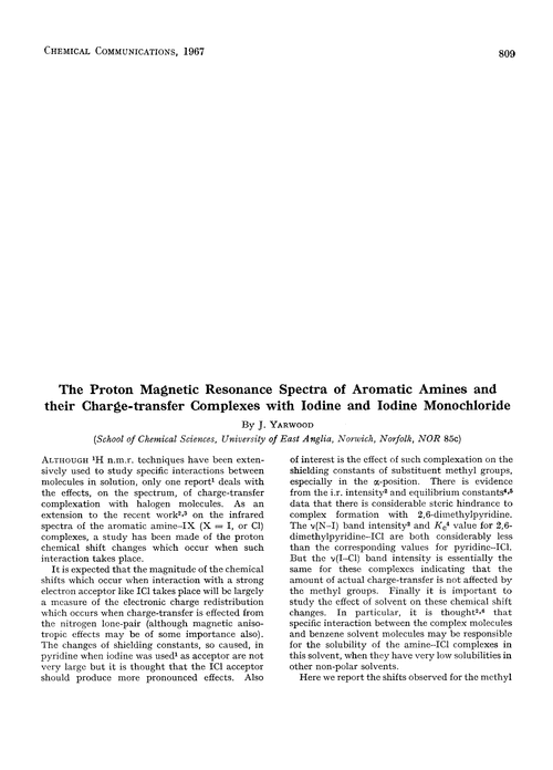 The proton magnetic resonance spectra of aromatic amines and their charge-transfer complexes with iodine and iodine monochloride
