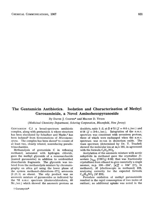 The gentamicin antibiotics. Isolation and characterisation of methyl garosaminide, a novel aminohexopyranoside