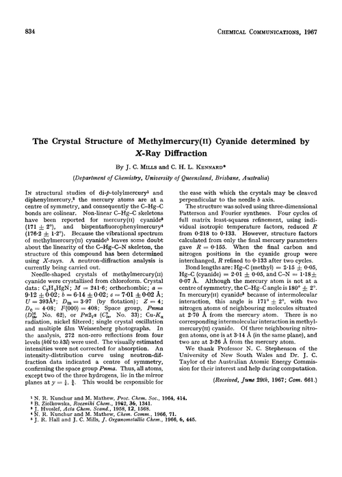 The crystal structure of methylmercury(II) cyanide determined by X-ray diffraction