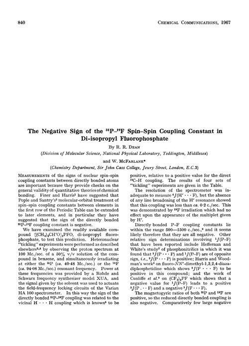 The negative sign of the 31P–19F spin–spin coupling constant in di-isopropyl fluorophosphate
