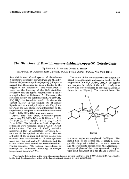 The structure of bis-(toluene-p-sulphinato)copper(II) tetrahydrate