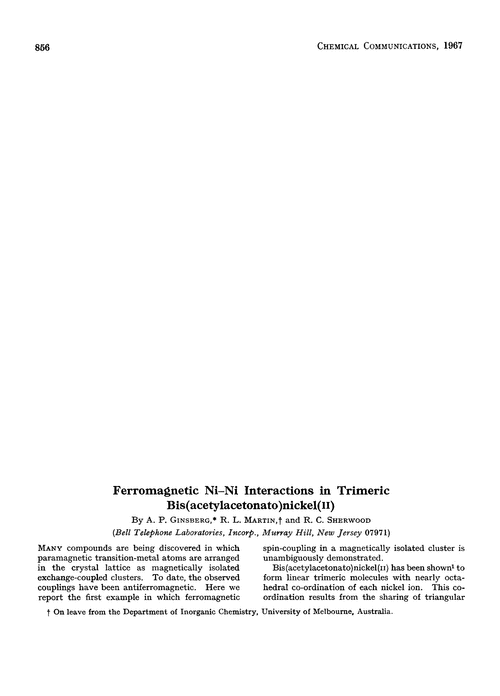 Ferromagnetic Ni–Ni interactions in trimeric bis(acetylacetonato)nickel(II)