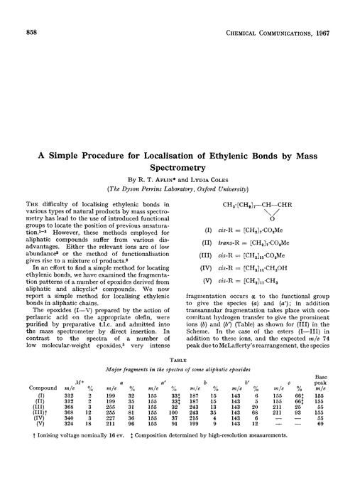 A simple procedure for localisation of ethylenic bonds by mass spectrometry