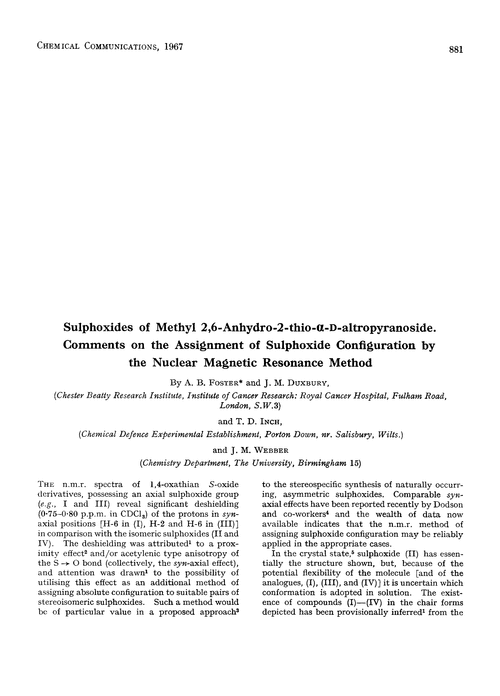 Sulphoxides of methyl 2,6-anhydro-2-thio-α-D-altropyranoside. Comments on the assignment of sulphoxide configuration by the nuclear magnetic resonance method