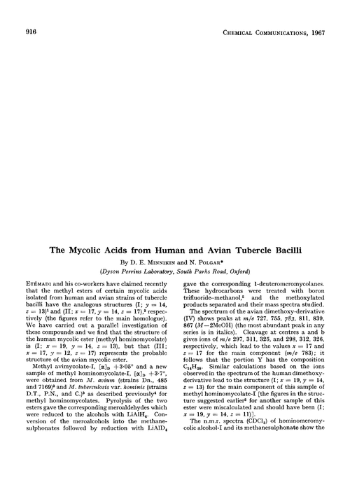 The mycolic acids from human and avian tubercle bacilli