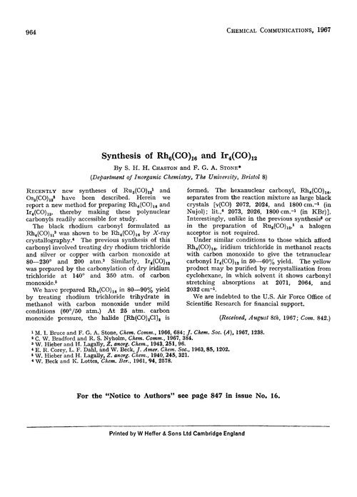 Synthesis Of Rh6 Co 16 And Ir4 Co 12 Chemical Communications London Rsc Publishing