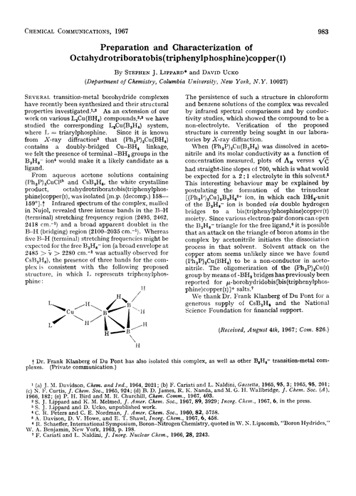 Preparation and characterization of octahydrotriboratobis(triphenylphosphine)copper(I)