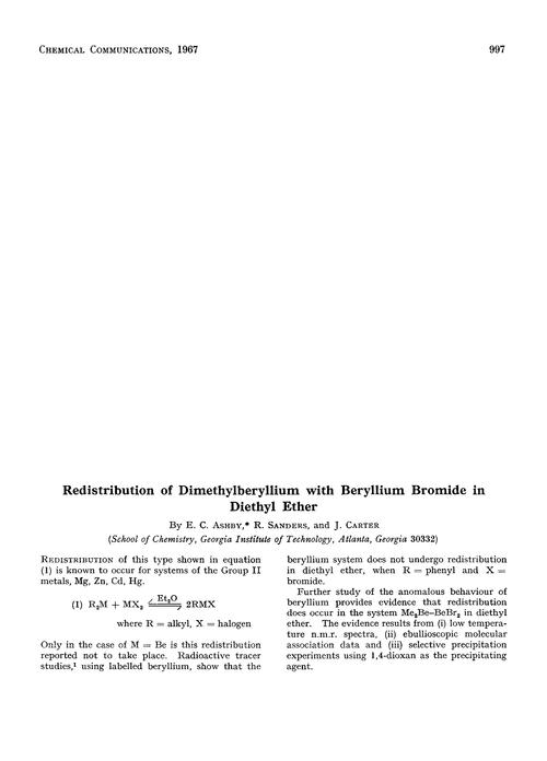 Redistribution of dimethylberyllium with beryllium bromide in diethyl ether