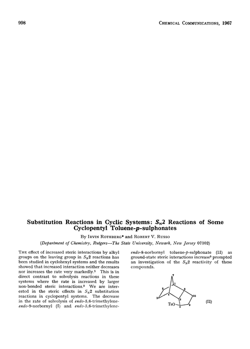 Substitution reactions in cyclic systems: SN2 reactions of some cyclopentyl toluene-p-sulphonates