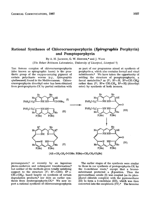 Rational syntheses of chlorocruoroporphyrin (Spirographis porphyrin) and pemptoporphyrin