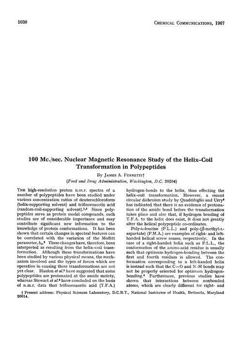 100 Mc./sec. nuclear magnetic resonance study of the helix–coil transformation in polypeptides