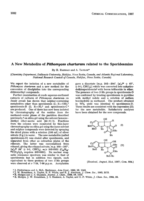 A new metabolite of Pithomyces chartarum related to the sporidesmin