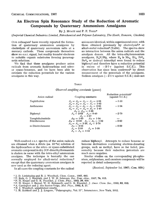 An electron spin resonance study of the reduction of aromatic compounds by quatermary ammonium amalgams