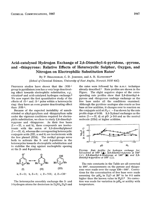 Acid-catalysed hydrogen exchange of 2,6-dimethyl-4-pyridone, -pyrone, and -thiapyrone: relative effects of heterocyclic sulphur, oxygen, and nitrogen on electrophilic substitution rates