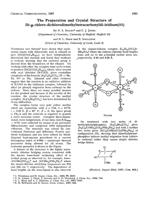 The Preparation And Crystal Structure Of Di µ Chloro Dichlorodimethyltetracarbonyldi Iridium Iii Chemical Communications London Rsc Publishing
