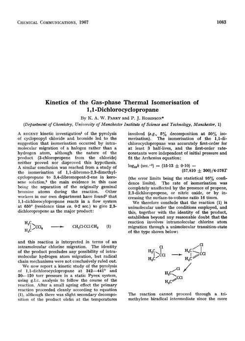 Kinetics of the gas-phase thermal isomerisation of 1,1-dichlorocyclopropane