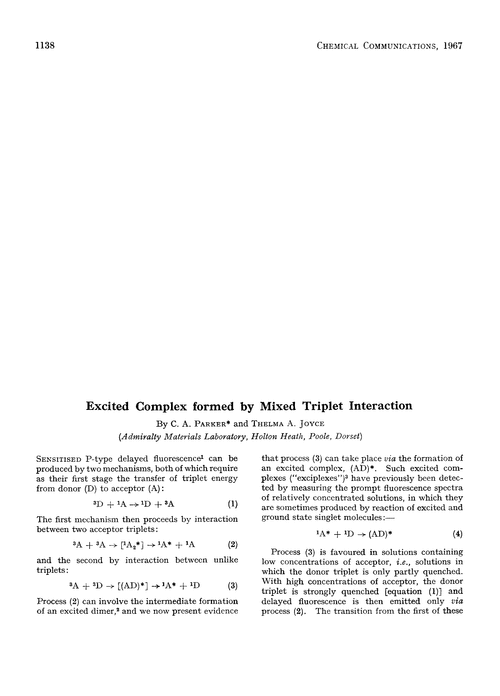 Excited complex formed by mixed triplet interaction