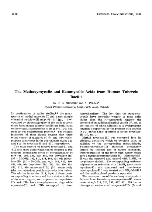 The methoxymycolic and ketomycolic acids from human tubercle bacilli