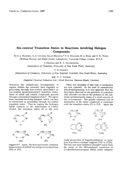 Six-centred transition states in reactions involving halogen compounds