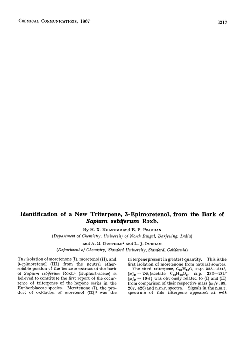 Identification of a new triterpene, 3-epimoretenol, from the bark of Sapium sebiferum Roxb.