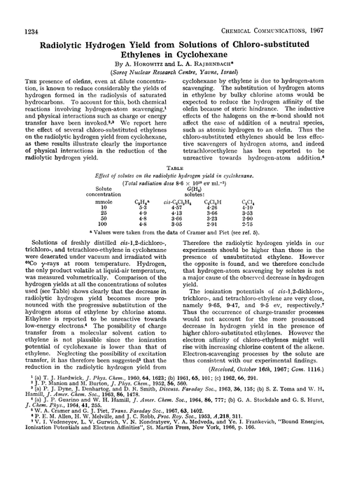 Radiolytic hydrogen yield from solutions of chloro-substituted ethylenes in cyclohexane