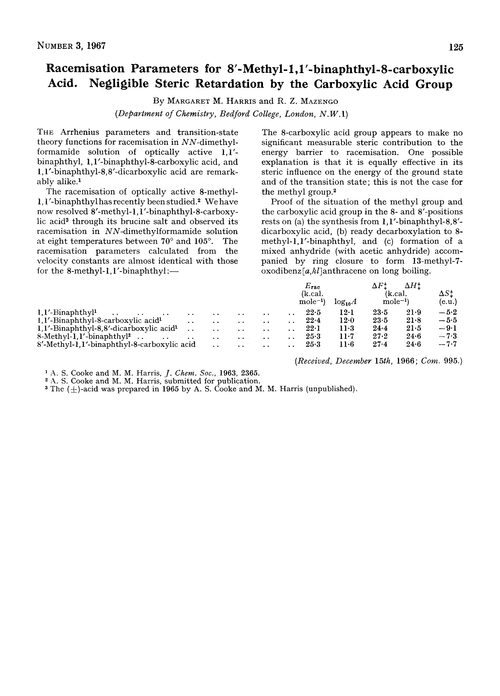 Racemisation parameters for 8′-methyl-1,1′-binaphthyl-8-carboxylic acid. Negligible steric retardation by the carboxylic acid group