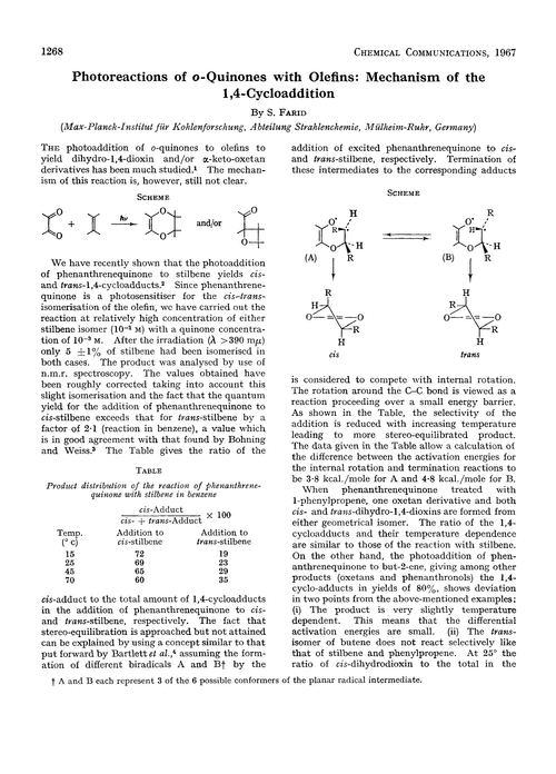 Photoreactions of o-quinones with olefins: mechanism of the 1,4-cycloaddition