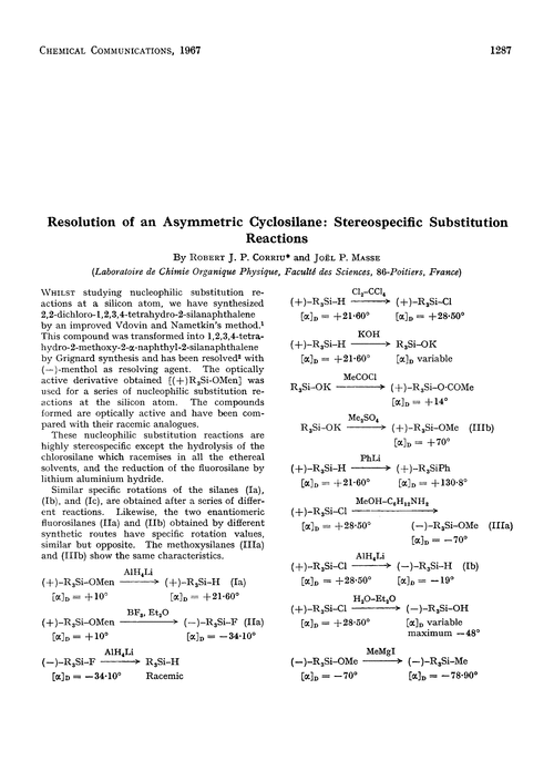 Resolution of an asymmetric cyclosilane: stereospecific substitution reactions
