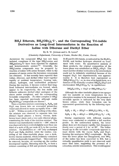 BH2I etherate, BH2(OEt2)2+I–, and the corresponding tri-iodide derivatives as long-lived intermediates in the reaction of iodine with diborane and diethyl ether