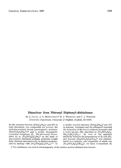 Dinuclear iron nitrosyl diphenyl-dithiolenes