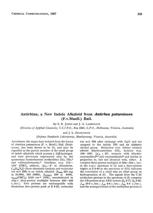Antirhine, a new indole alkaloid from Antirhea putaminosa(F.v.Muell.) Bail.