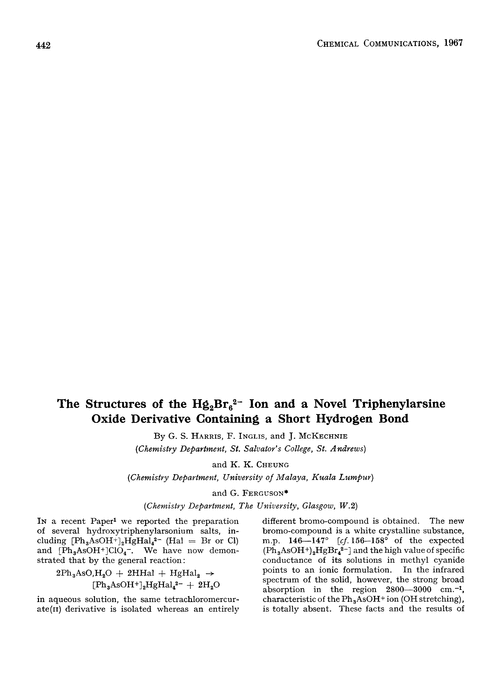 The structures of the Hg2Br62– ion and a novel triphenylarsine oxide derivative containing a short hydrogen bond