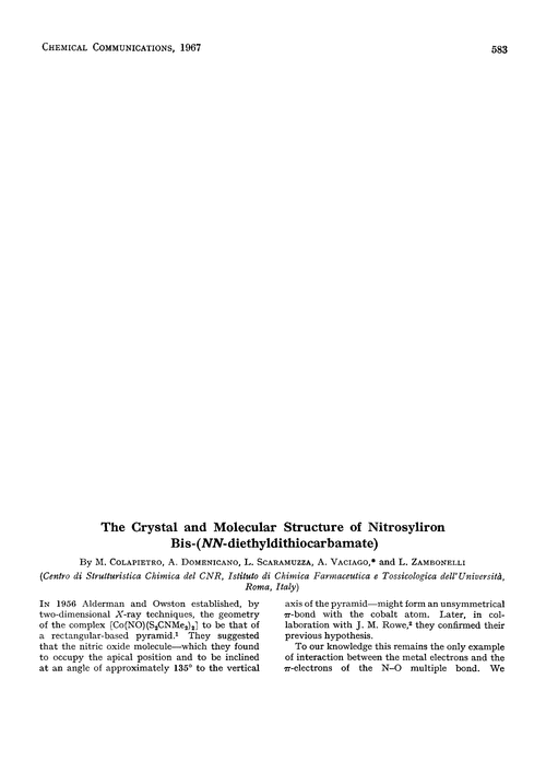 The crystal and molecular structure of nitrosyliron bis-(NN-diethyldithiocarbamate)