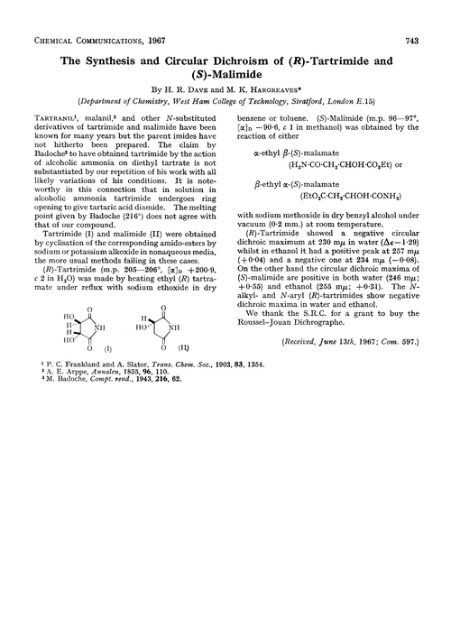 The synthesis and circular dichroism of (R)- tartrimide and (S)- malimide