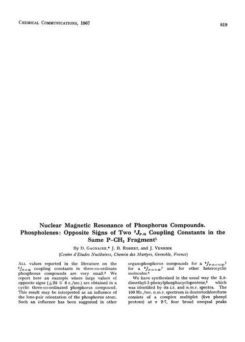 Nuclear magnetic resonance of phosphorus compounds. Phospholenes: opposite signs of two 2J– coupling constants in the same P–CH2 fragment