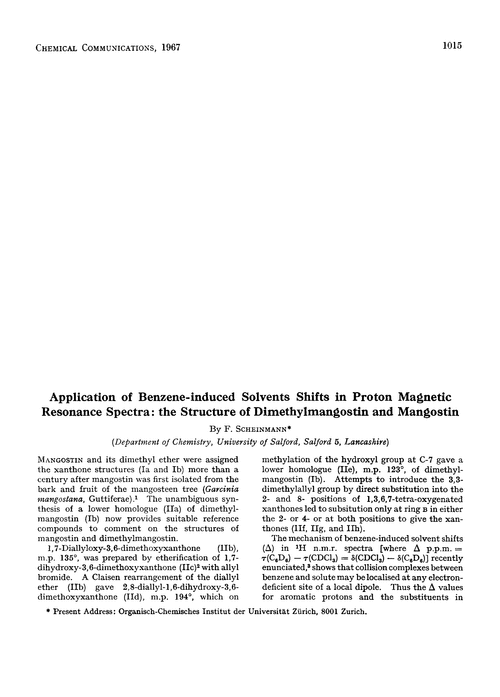 Application of benzene-induced solvents shifts in proton magnetic resonance spectra: the structure of dimethylmangostin and mangostin