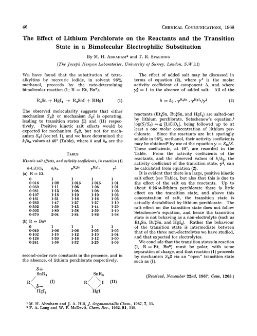 The effect of lithium perchlorate on the reactants and the transition state in a bimolecular electrophilic substitution