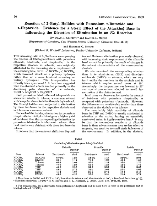 Reaction of 2-butyl halides with potassium t-butoxide and t-heptoxide. Evidence for a steric effect of the attacking base in influencing the direction of elimination in an E2 reaction