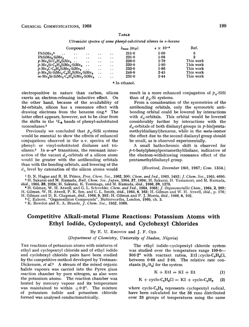 Competitive alkali-metal flame reactions: potassium atoms with ethyl iodide, cyclopentyl, and cyclohexyl chlorides