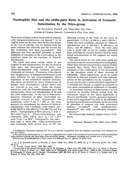 Nucleophile size and the ortho : para ratio in activation of aromatic substitution by the nitro-group