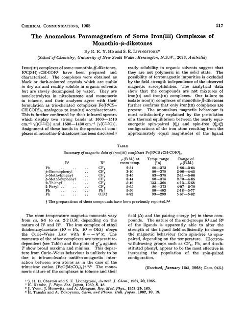 The anomalous paramagnetism of some iron(III) complexes of monothio-β-diketones